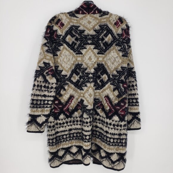 BCBGMaxazria Tribal Aztec Open Front Long Cardigan Sweater M Fuzzy Tan Black - Picture 2 of 6